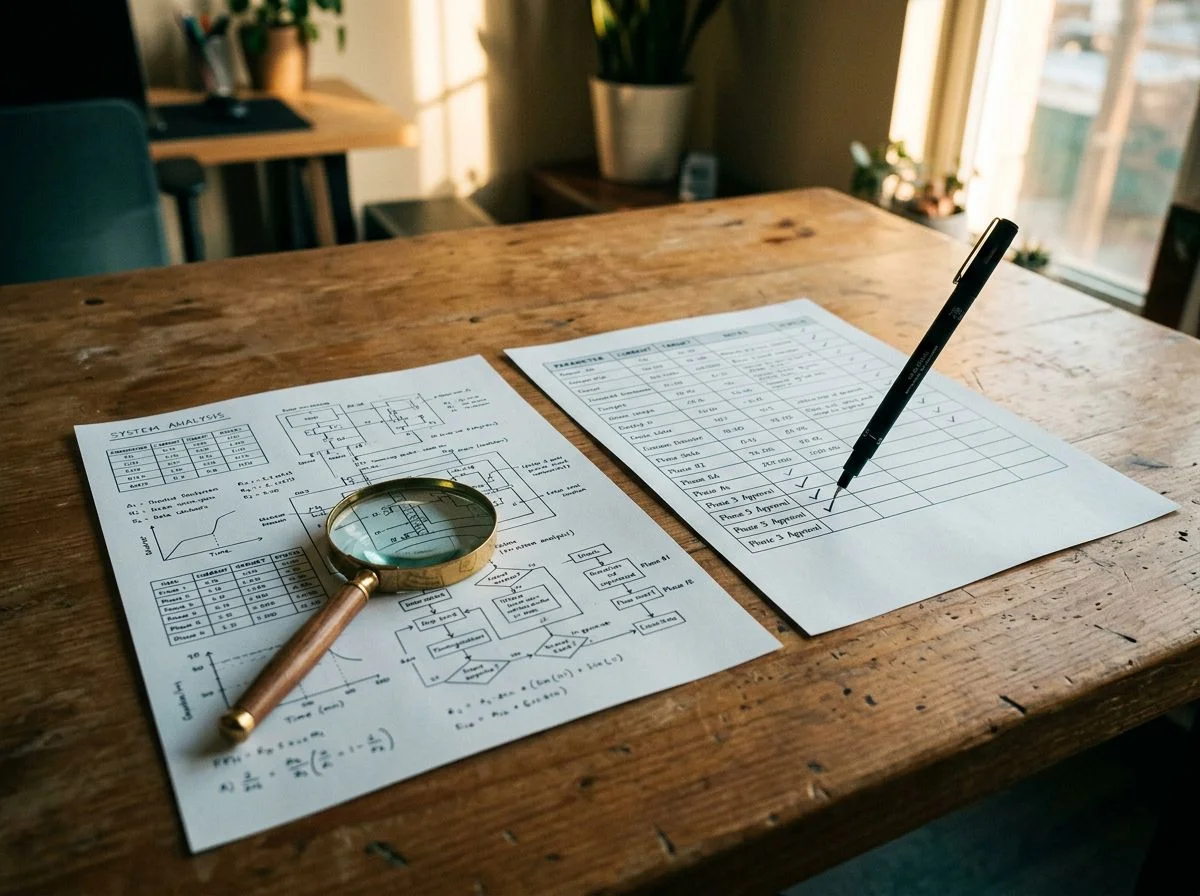 Two sheets with diagrams and a checkmark, a magnifying glass nearby, showing verifiable claims.