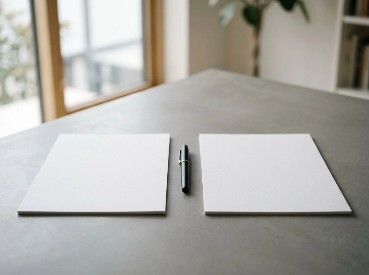 Two blank sheets of paper and a pen on a gray desk, representing unverified claims.