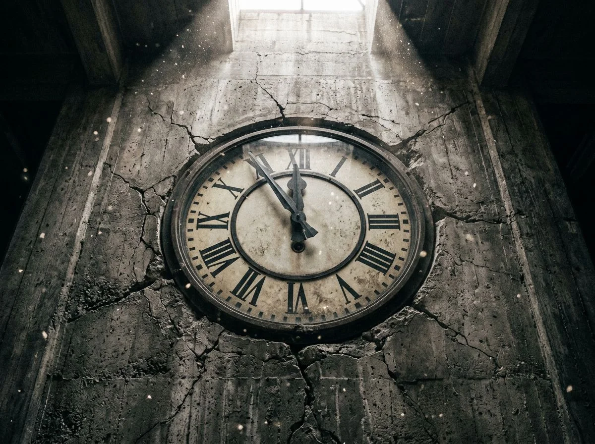 A cracked clock on a concrete wall showing near-midnight, conveying structural urgency.