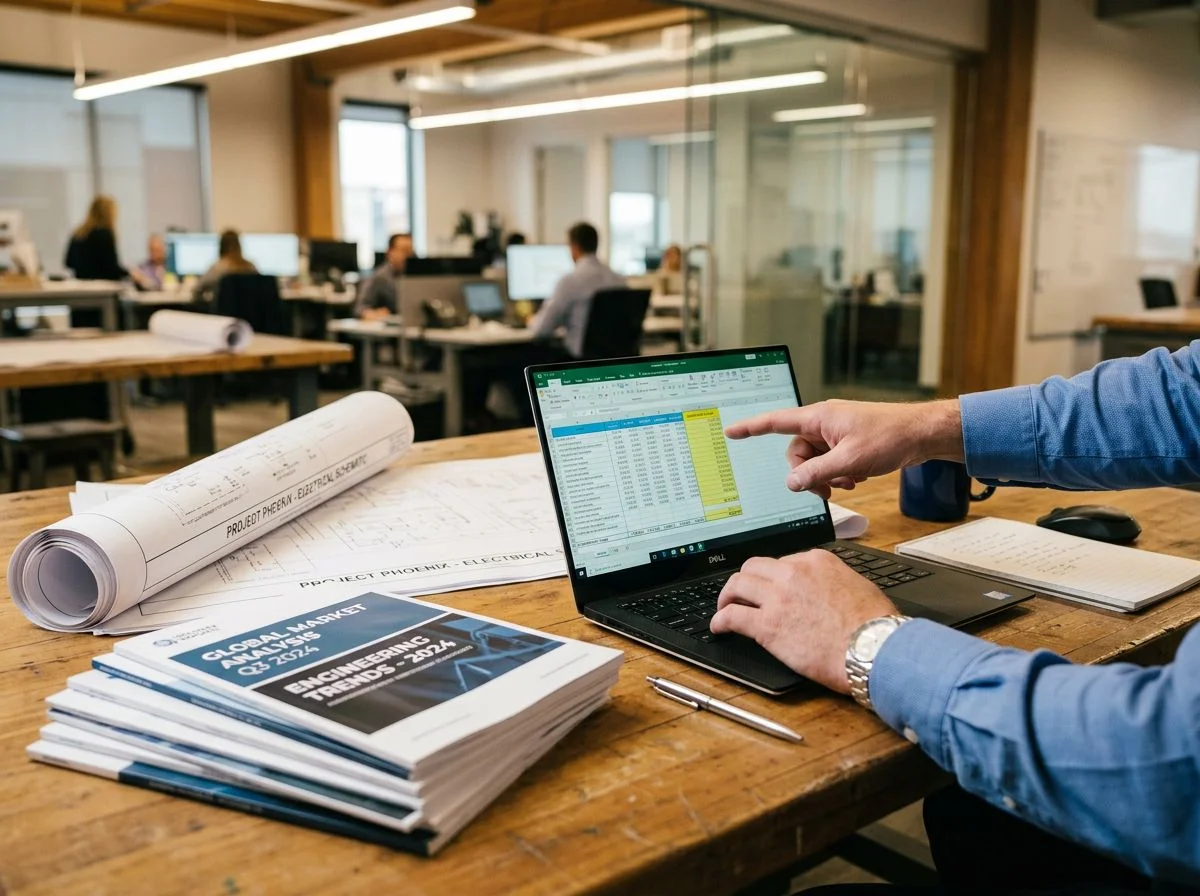 Hands pointing to a spreadsheet on a laptop next to blueprints and reports, showing practical guidance.