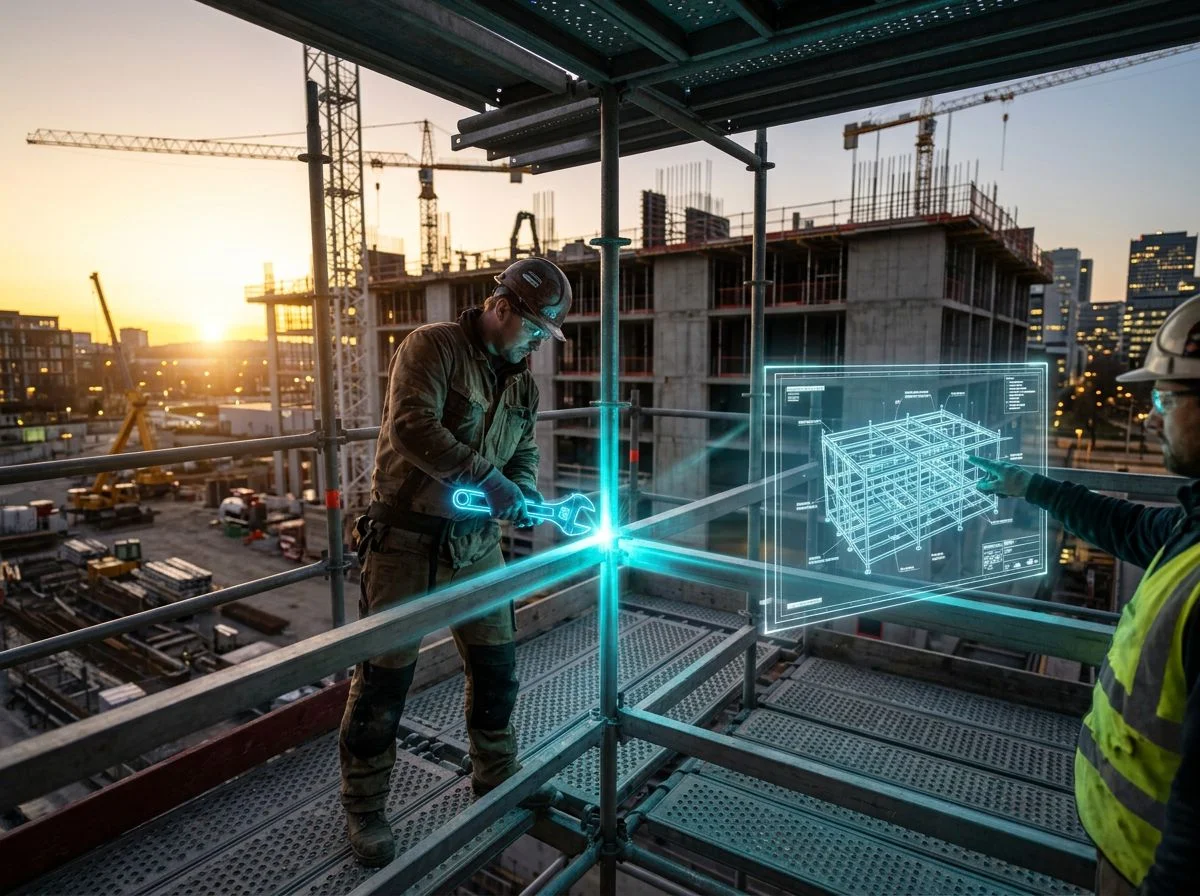 Workers on a scaffolding using holographic tools and a floating blueprint to weld gaps between beams at dusk.