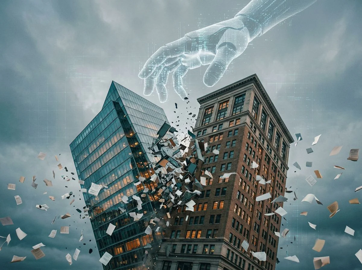 Two office buildings colliding mid-air with a translucent AI robot hand attempting to separate them under a gray digital sky.