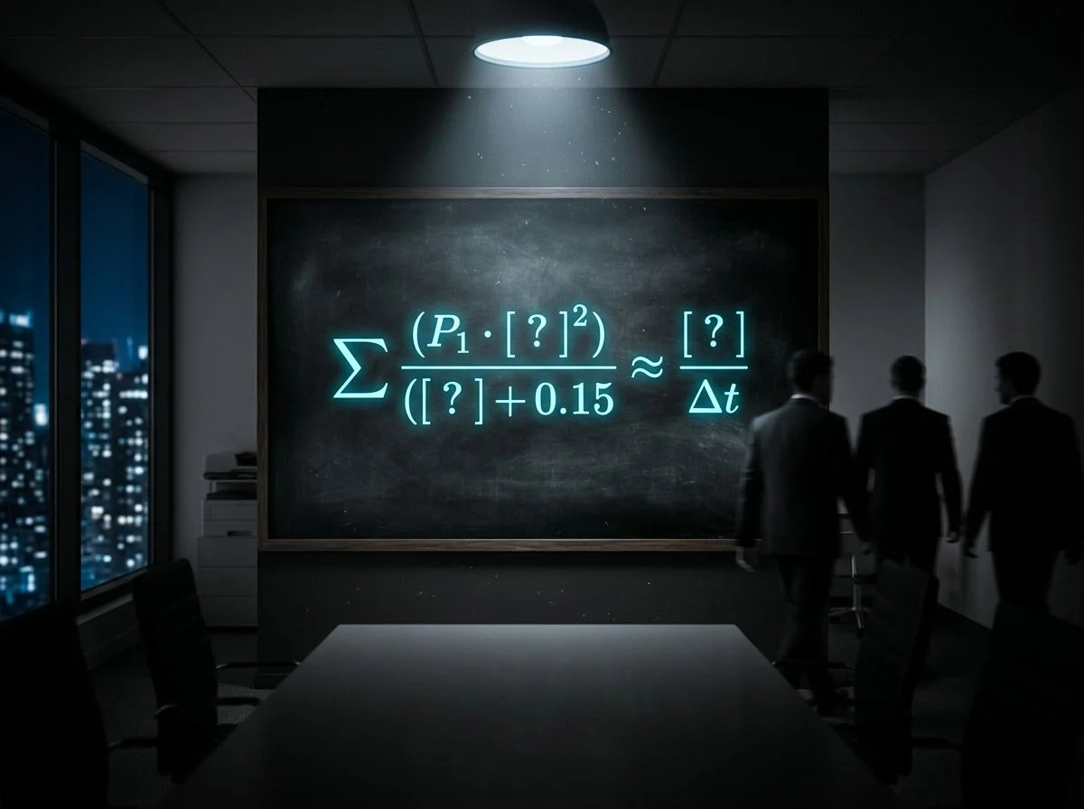 A dark boardroom with a glowing incomplete equation on a chalkboard, question marks in place of variables, people walking away.