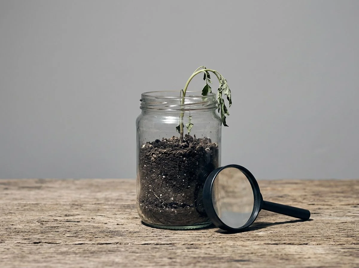 A glass jar with soil and a wilted seedling on a wooden table, magnifying glass beside it, overhead hard light.
