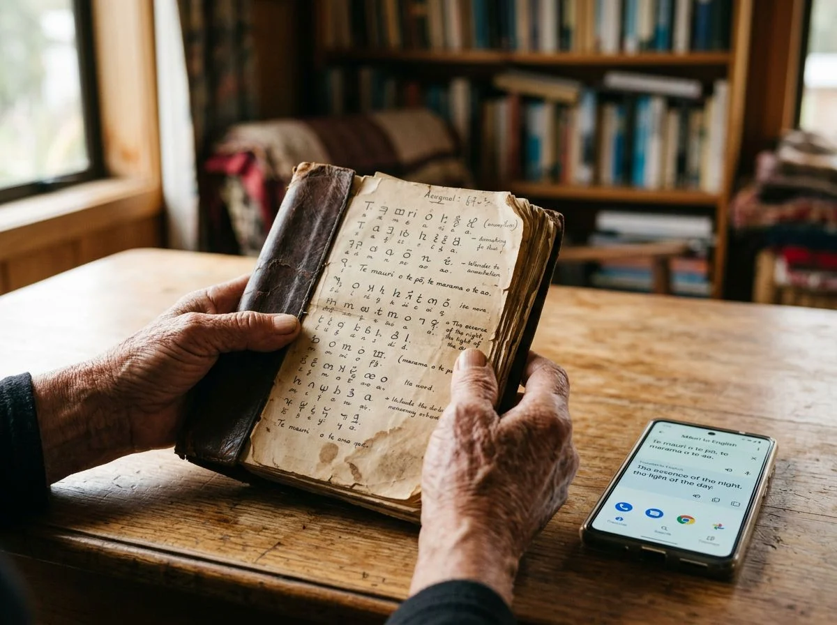 Close-up of elderly hands holding a handwritten notebook beside a smartphone, warm window light, blurred bookshelf background.