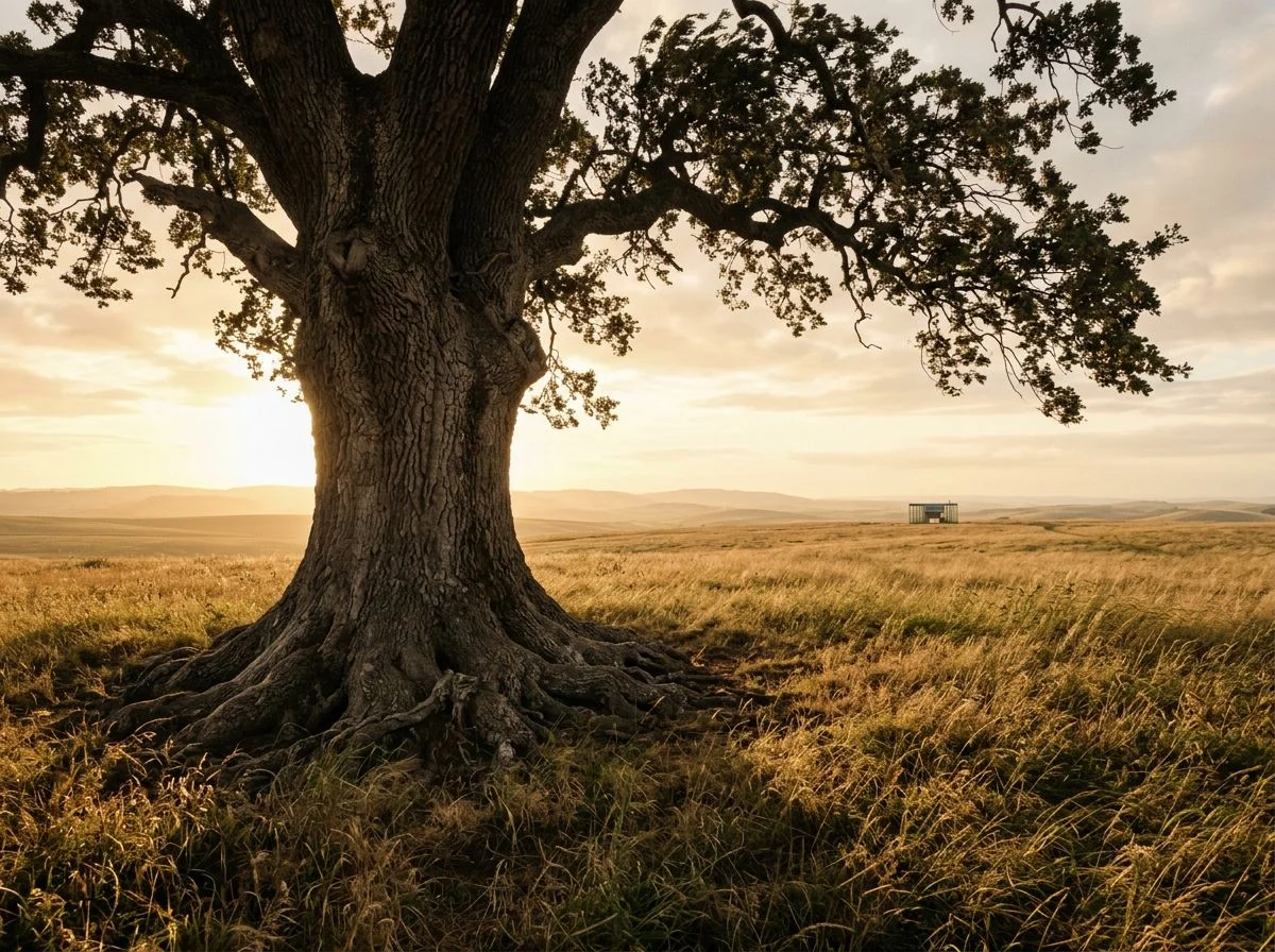 A lone ancient oak tree with exposed roots in a grassy plain, distant glass building on the horizon, golden afternoon light.