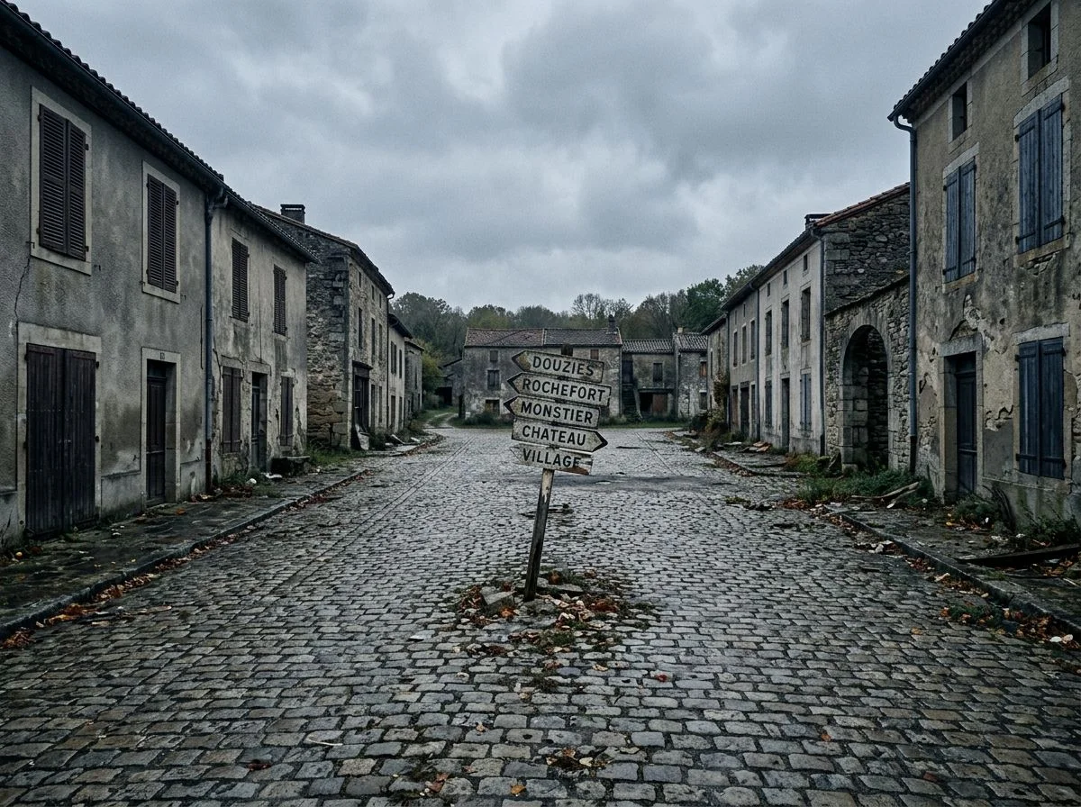 Deserted village square with cobblestones, closed doors, and a broken signpost under overcast skies.