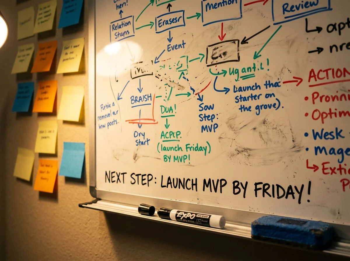 A whiteboard with colorful erased diagrams and a single fresh black line at the bottom, lit by a warm desk lamp.