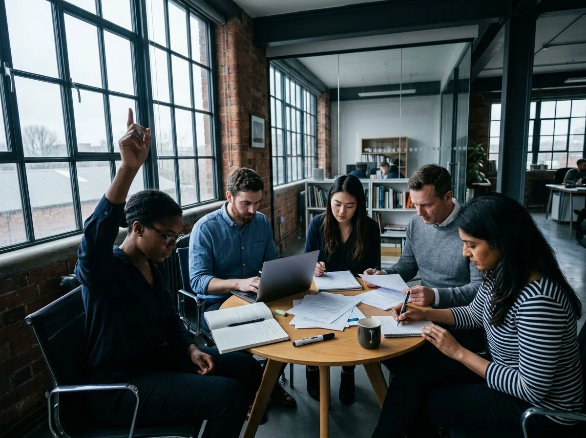 Five professionals around a round table all looking down, one hand raised, in a bright but overcast office with large windows.