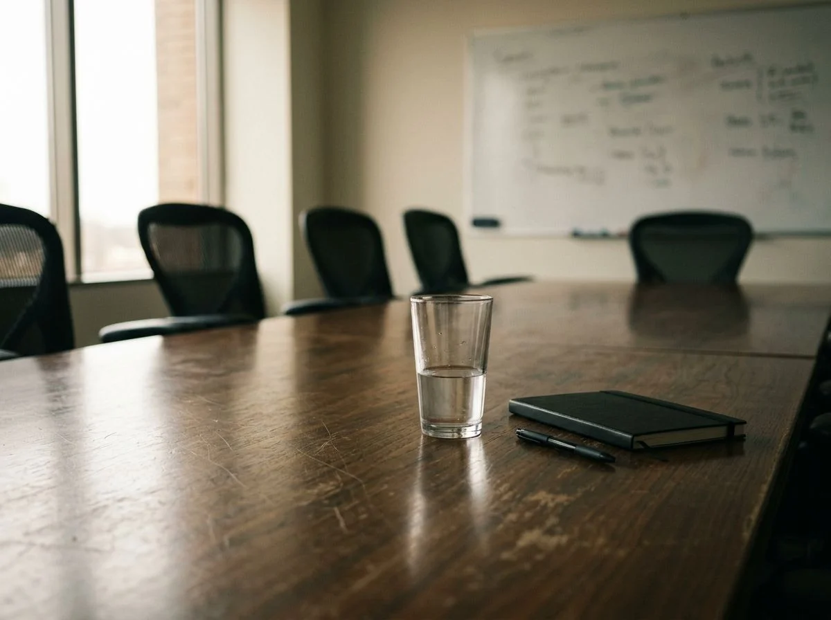 A polished conference table with a glass of water and a notebook, softly lit by window light, with blurred empty chairs in the background.