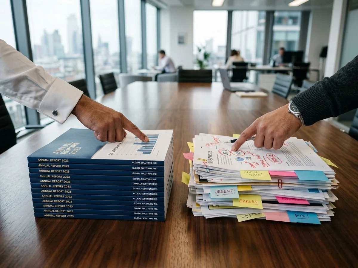 Two hands pointing at different figures on two versions of an annual report on a boardroom table, one stack neat and one messy with sticky notes.