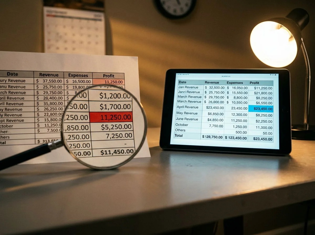 Close-up of a printed spreadsheet and a tablet screen showing different values for the same financial line, with a magnifying glass over the paper.