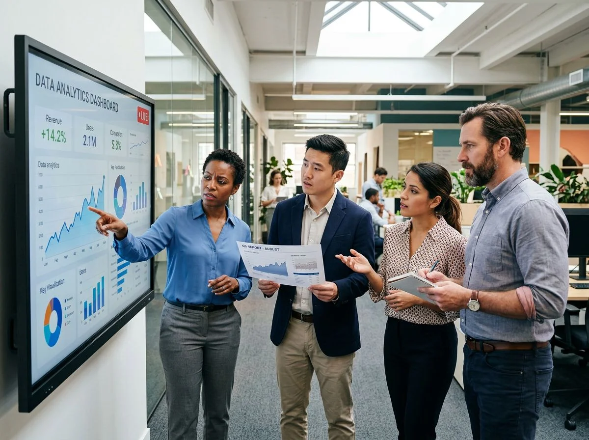 Four professionals gathered around a large live dashboard screen, one holding a printed report, with curious and doubtful expressions.