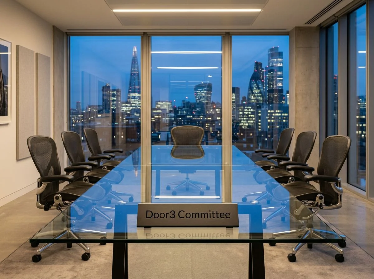 Empty conference room with three chairs on one side and four on the other, a nameplate reading 'Door3 Committee' on the table
