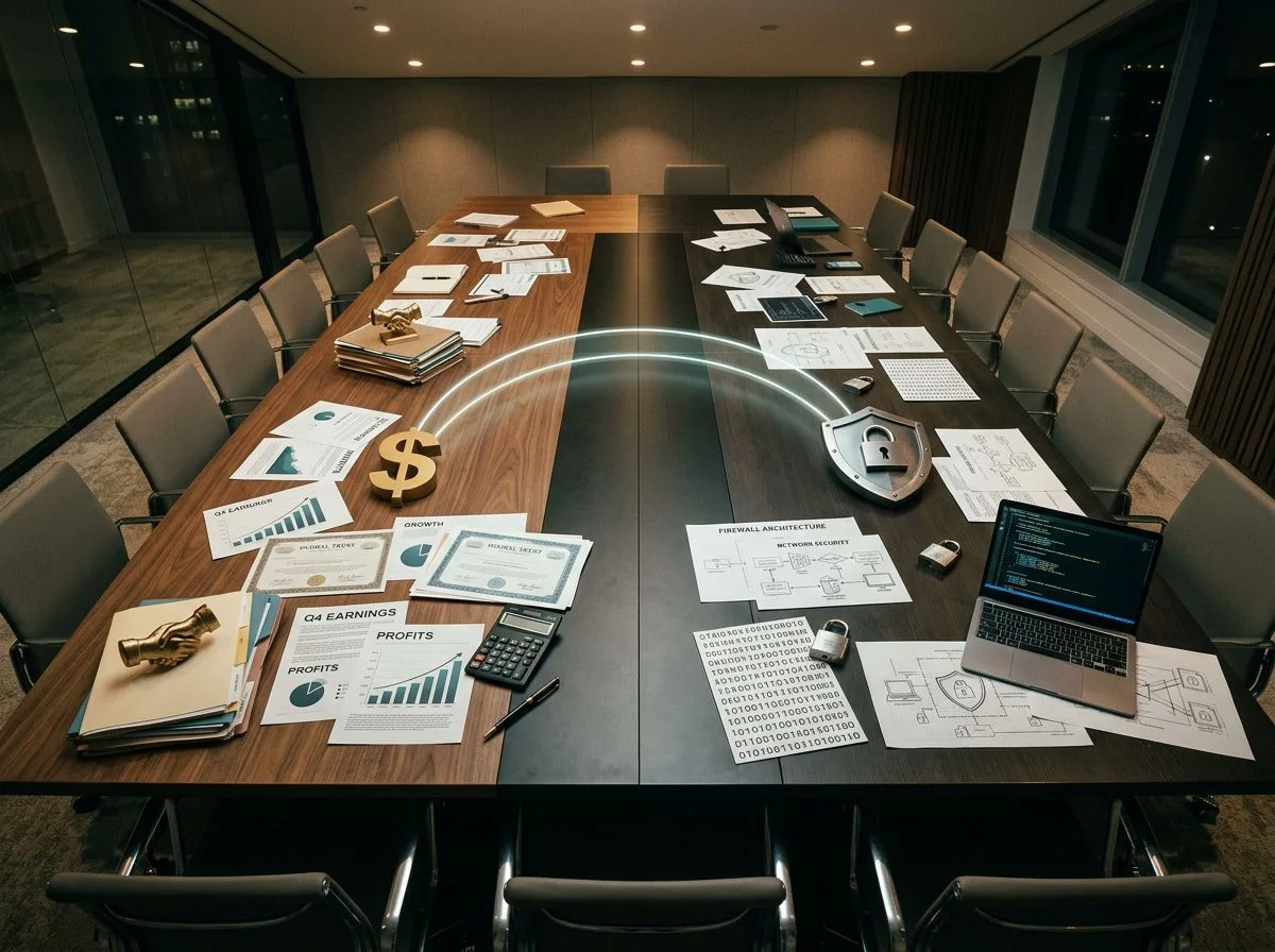 Overhead view of a boardroom table split between compensation documents and cybersecurity imagery, connected by an arc