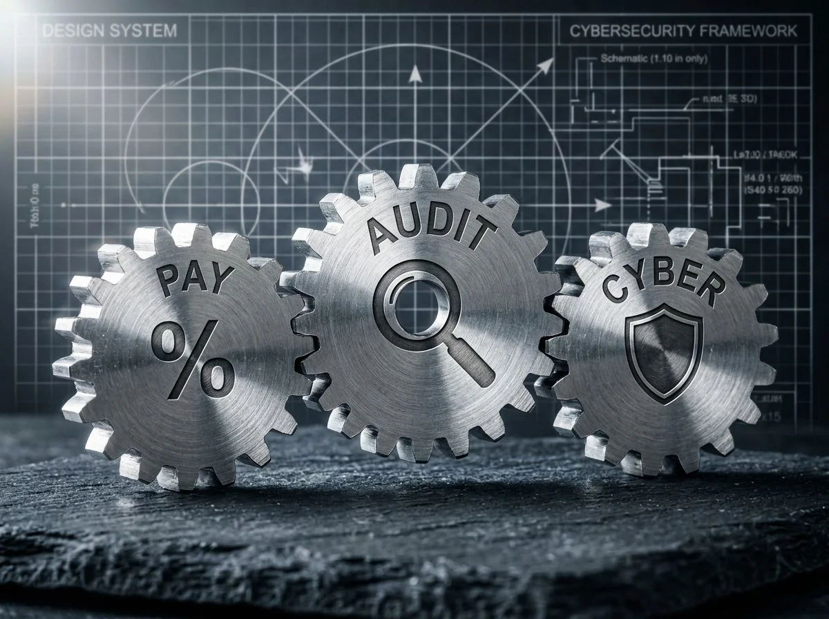 Three interlocking steel gears engraved with audit, pay, and cyber symbols on a dark slate surface