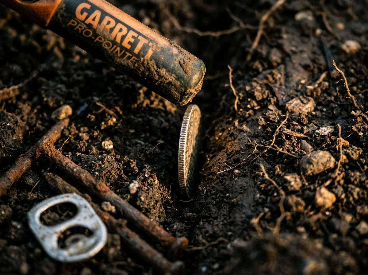Pinpointer tip hovering over a coin standing on edge in dirt with rusty nails and a pull-tab nearby