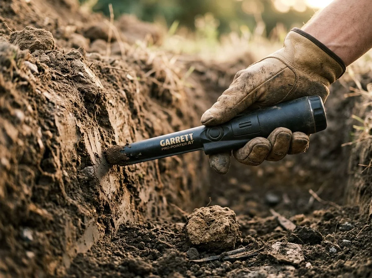 Gloved hand holding a pinpointer against the side wall of a dug hole to demonstrate side-detection