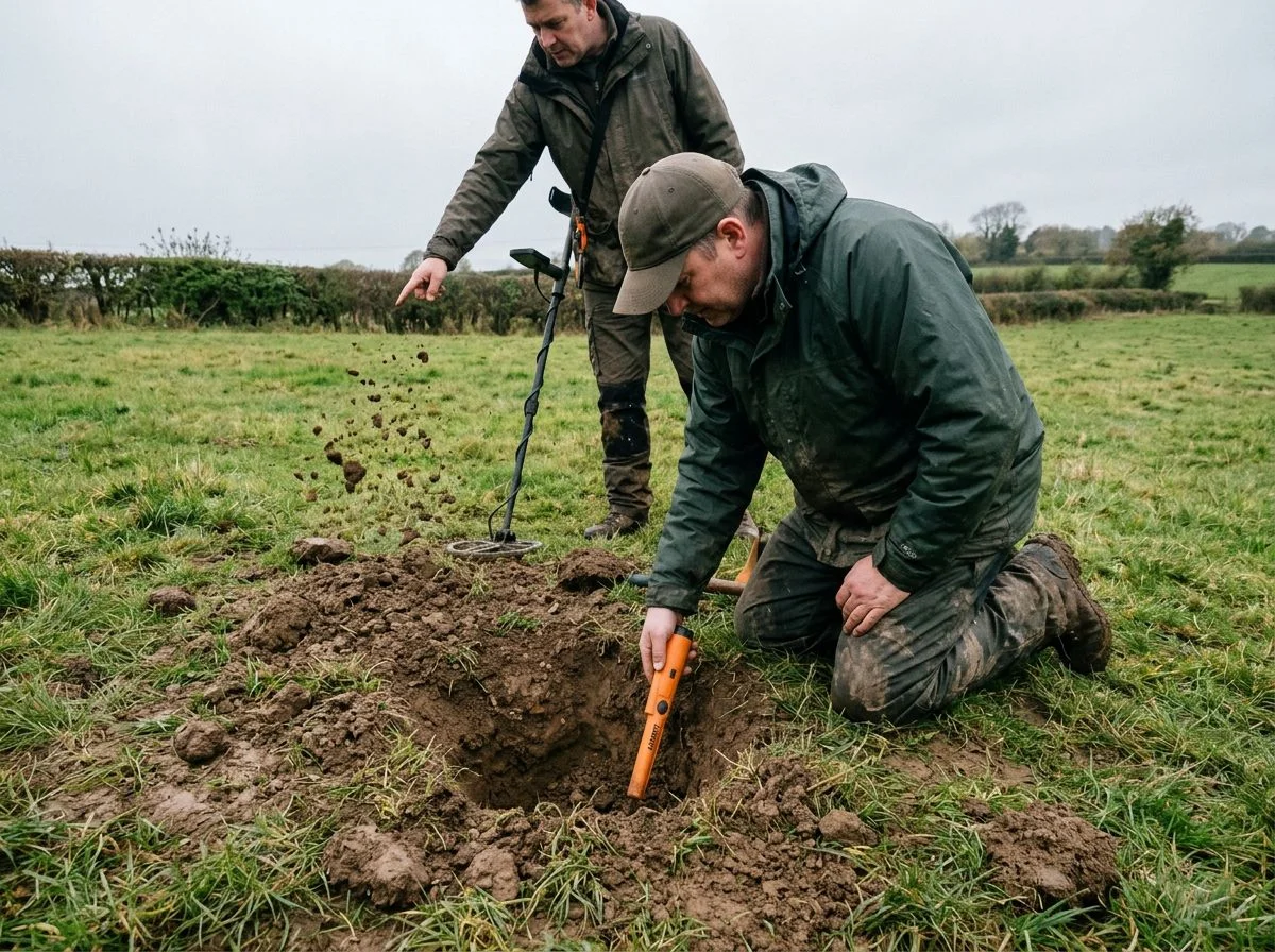 Detectorist kneeling beside a messy dug hole holding a pinpointer straight down while another person points at scattered dirt