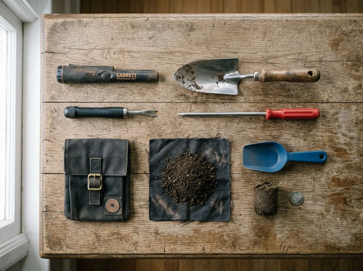Overhead view of metal detecting recovery tools arranged on a wooden table including pinpointer, trowel, probe, finds pouch, and a coin