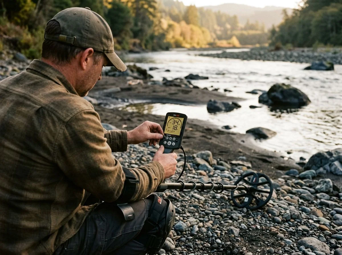Detectorist kneeling and adjusting ground balance on a metal detector beside a river