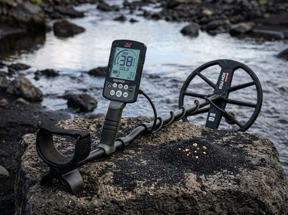Multi-frequency metal detector control unit and coil on dark volcanic rock with black sand and tiny gold flakes