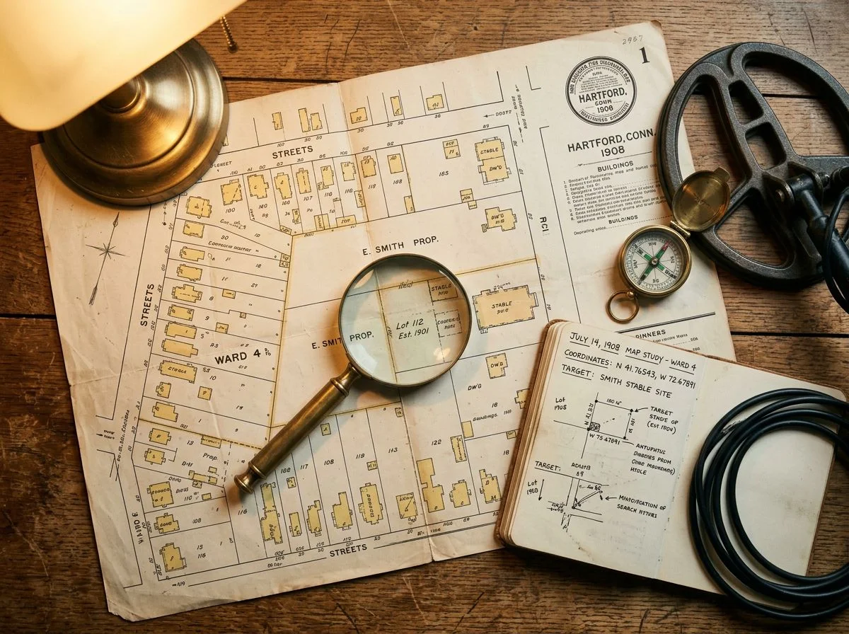 Research materials including an old map, magnifying glass, notebook, and compass used to locate historic fence lines