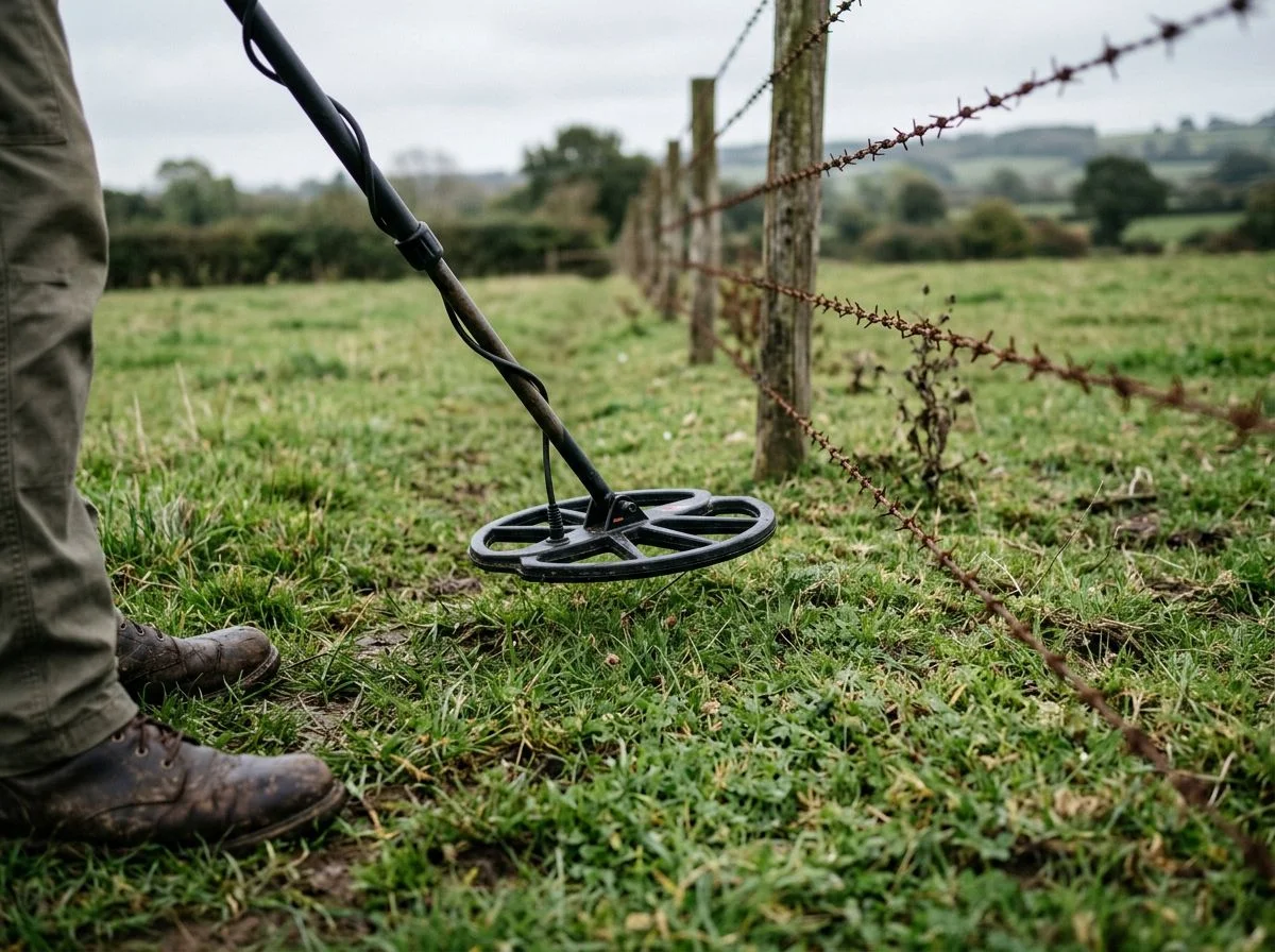 Metal detector coil sweeping along a fence line while avoiding the wire to prevent false signals