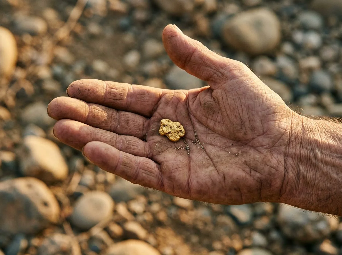 Close-up of a weathered hand holding a small gold nugget found in dry riverbed gravel