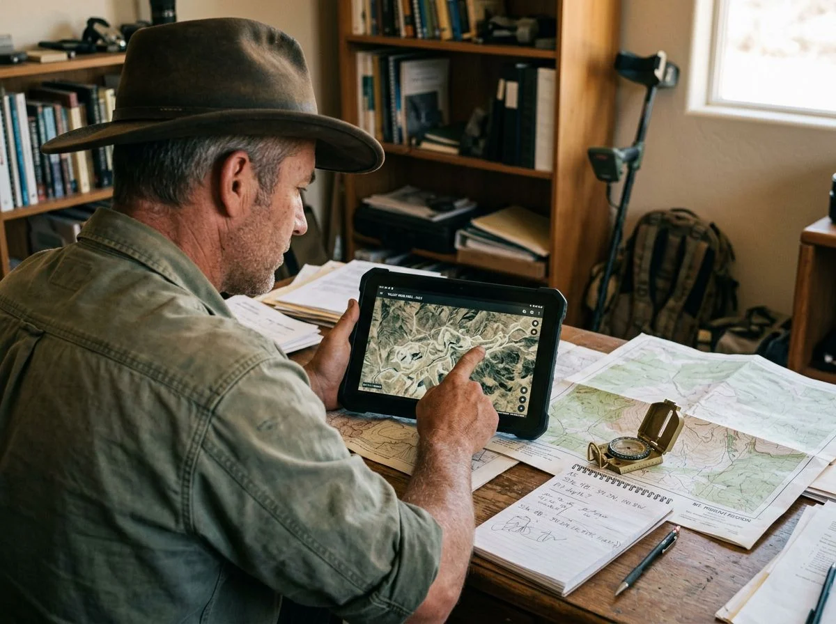 Man researching old mining sites on a tablet with printed maps and a compass on a wooden desk
