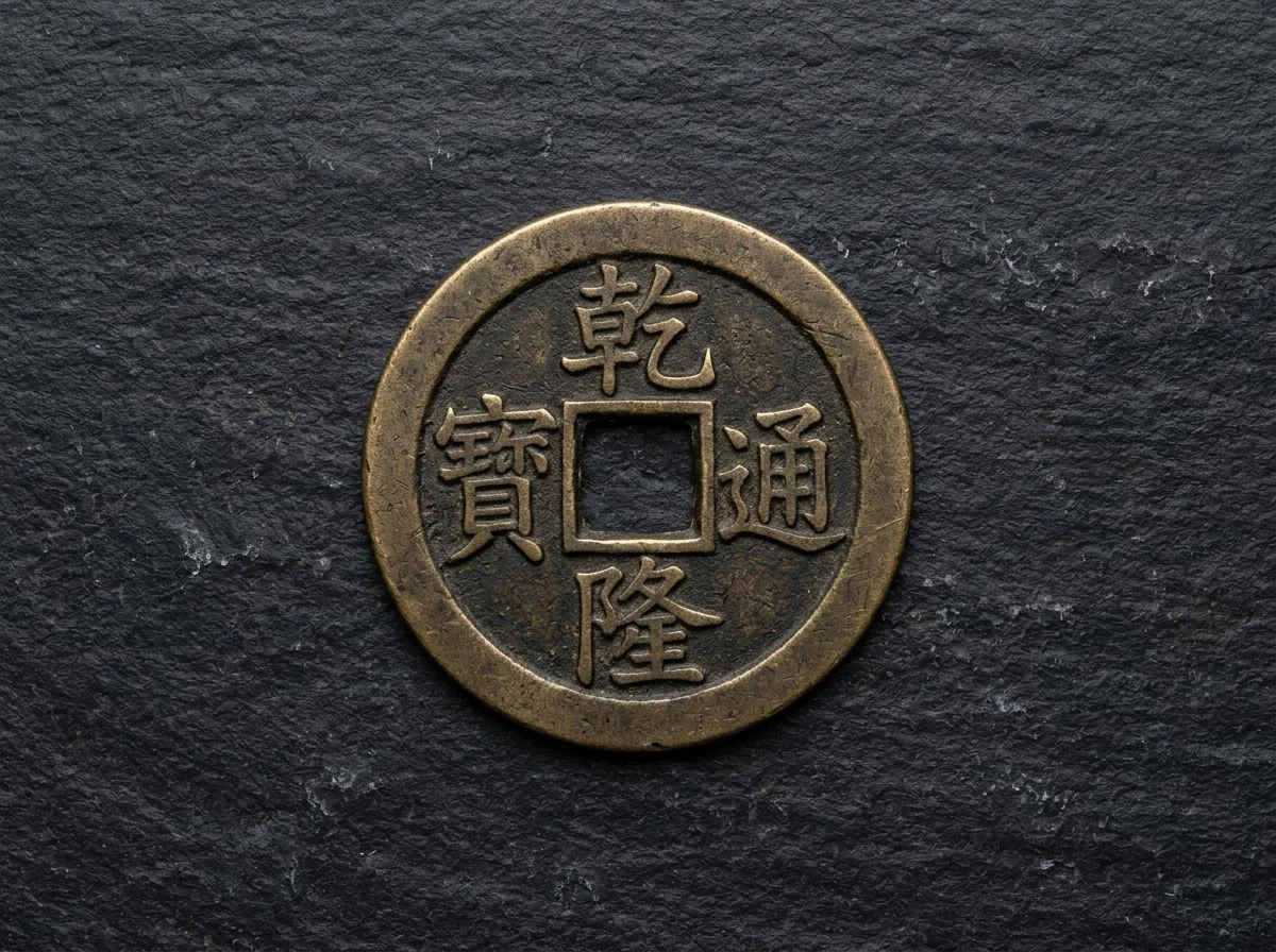 Overhead view of a Chinese cash coin on dark slate showing the square hole and raised rim clearly