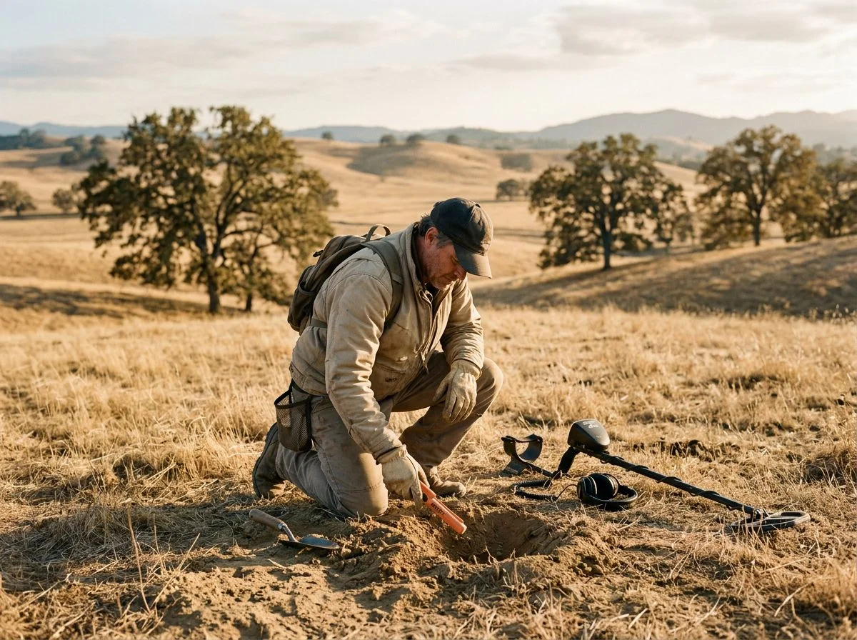 Metal detectorist kneeling in a dry California field examining a small excavated hole at golden hour