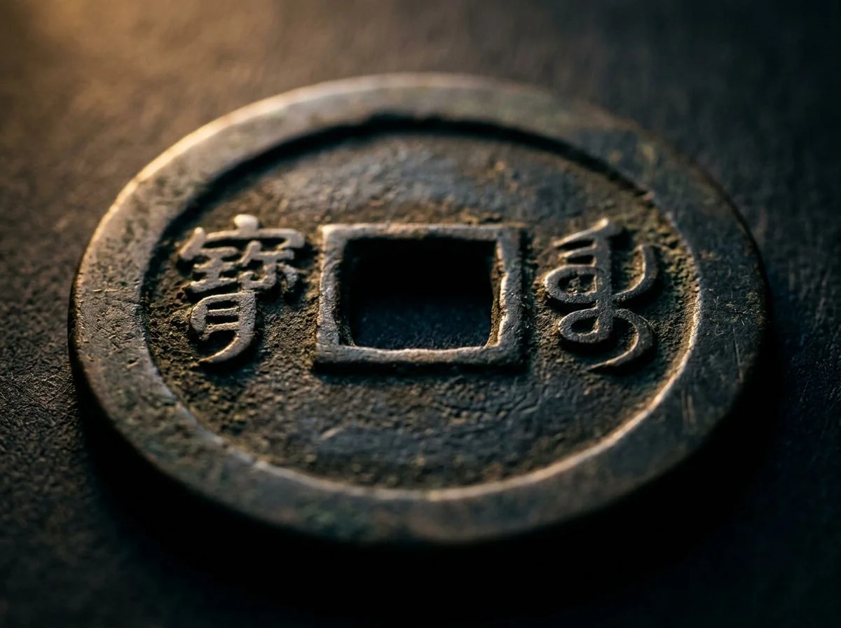 Extreme close-up of Manchu script mint marks on the reverse of a Chinese cash coin under raking light
