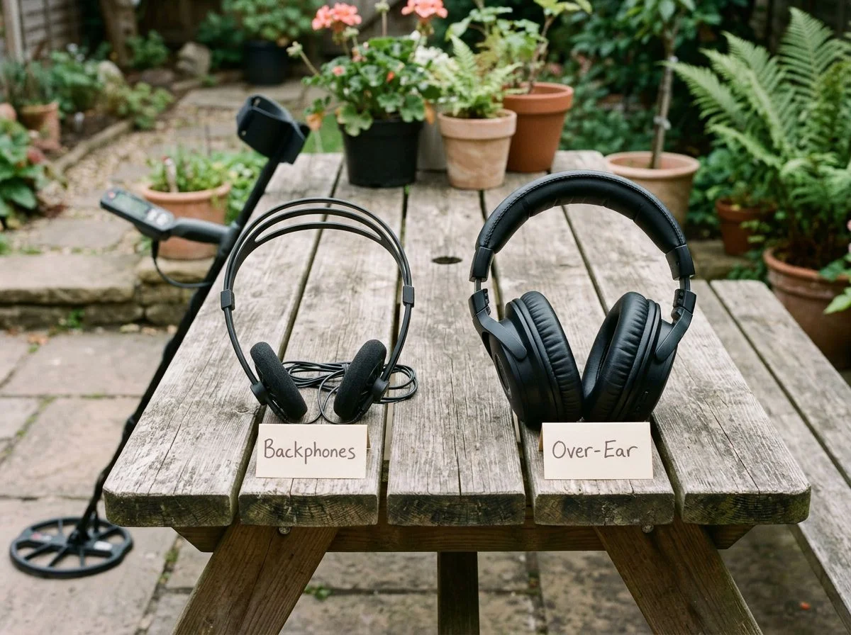 Side-by-side comparison of backphones and over-ear headphones on a wooden table