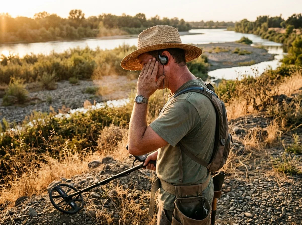 Detectorist wiping sweat from his ear while wearing backphones on a hot riverbank