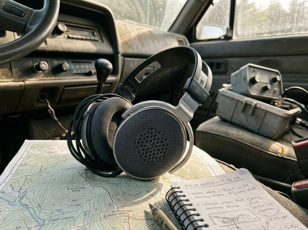 Lightweight headphones with breathable mesh ear pads resting on a map in a truck