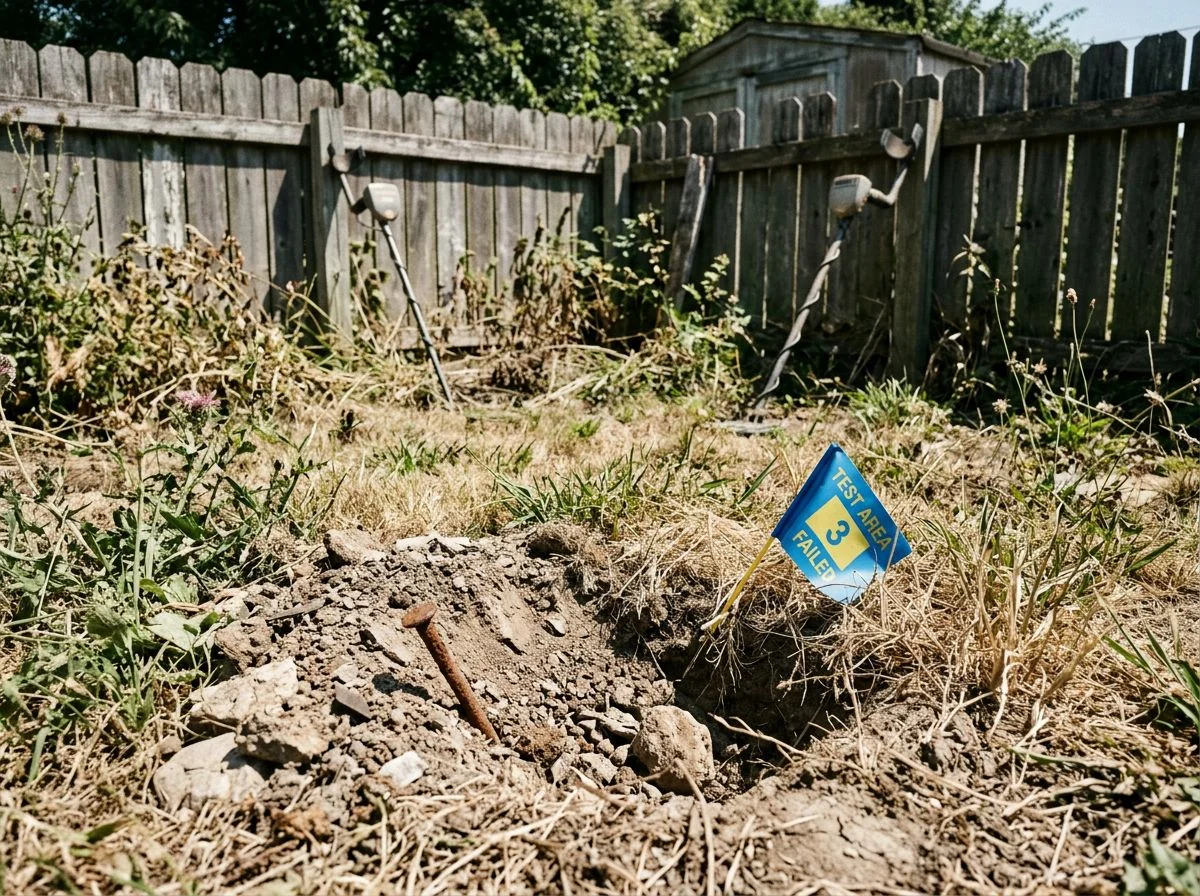 A neglected backyard test garden with brown grass, a poorly filled hole, and a fallen marker flag, with a metal detector leaning unused against a fence