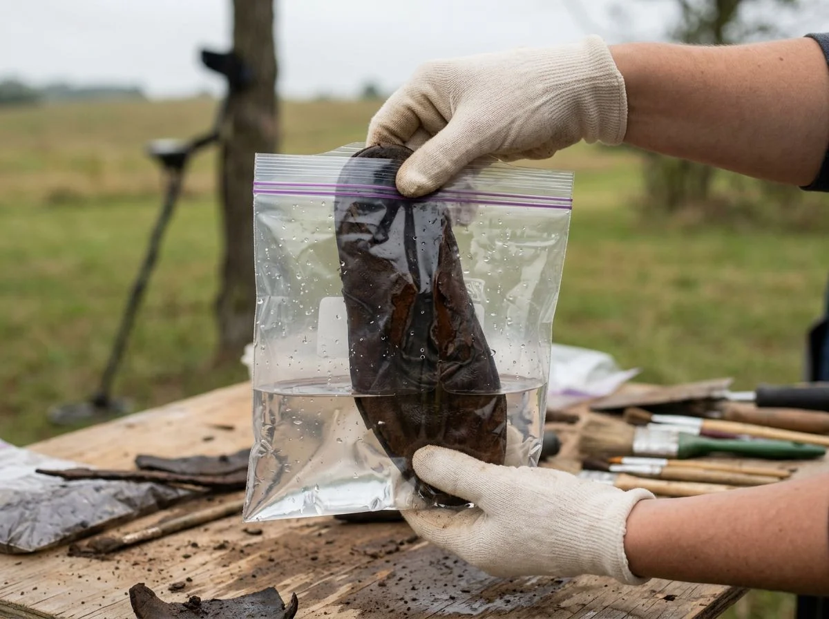 Gloved hands placing a wet leather artifact into a zip bag filled with distilled water on a field table.
