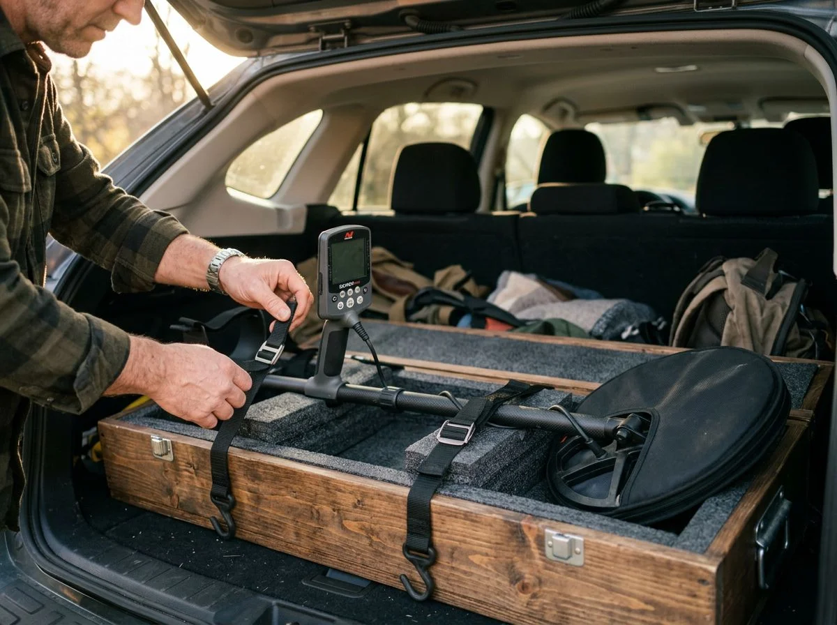 Hands securing a metal detector in a foam-lined crate inside a car trunk using adjustable straps.