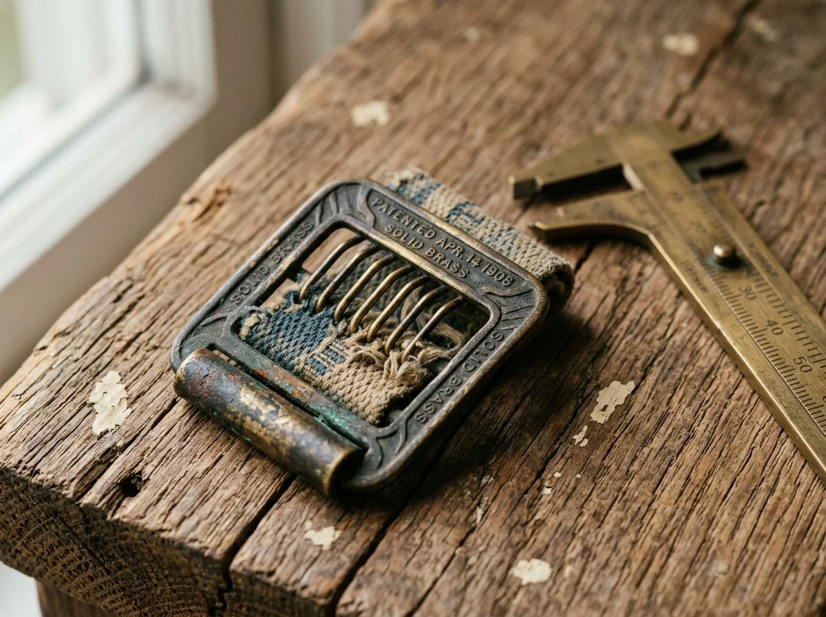 Close-up of an antique brass suspender buckle with visible patina resting on weathered wood beside a small caliper
