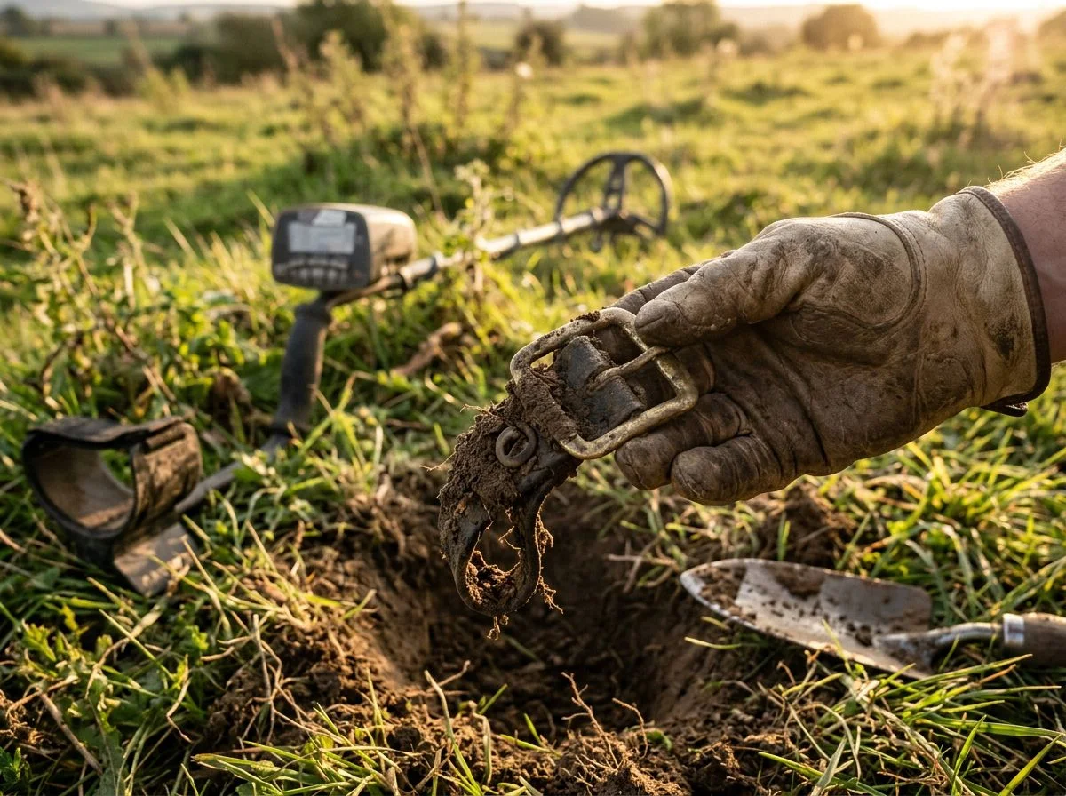 Gloved hand holding a freshly excavated brass suspender buckle with leather button loop remnants, metal detector visible in background