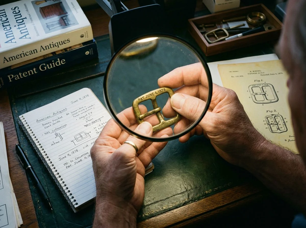 Hands holding an antique brass suspender buckle under a magnifying lamp, showing a stamped patent date of June 4, 1878