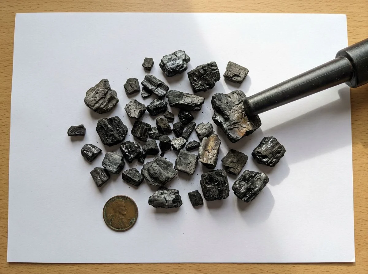 Overhead view of burnt coal fragments on white paper with a metal detector probe, showing how coke mimics coin signals