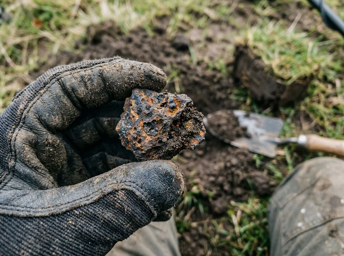 Close-up of a jagged iron-rich hot rock held in a gloved hand, freshly dug from mineralized soil