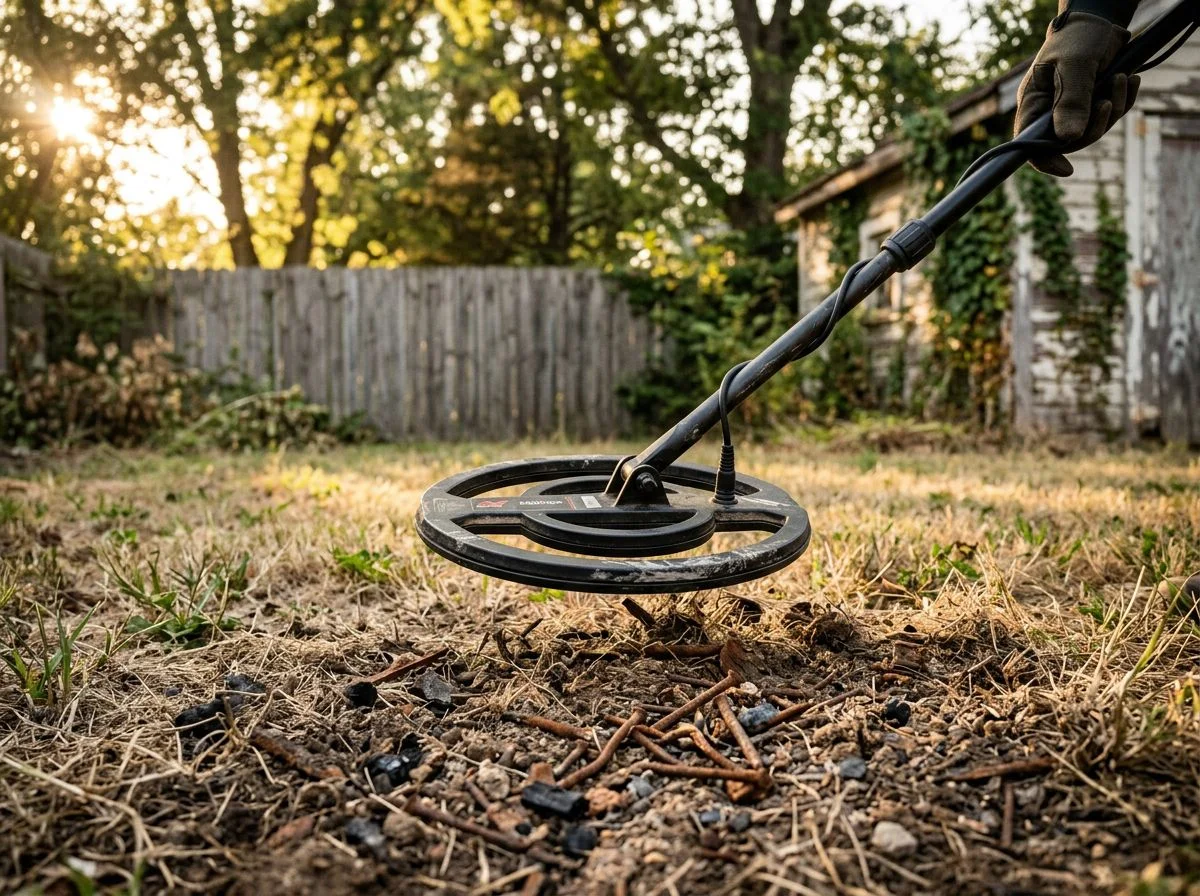 Metal detector coil over debris-filled soil in an old backyard, showing rusted iron and charcoal fragments that cause false signals