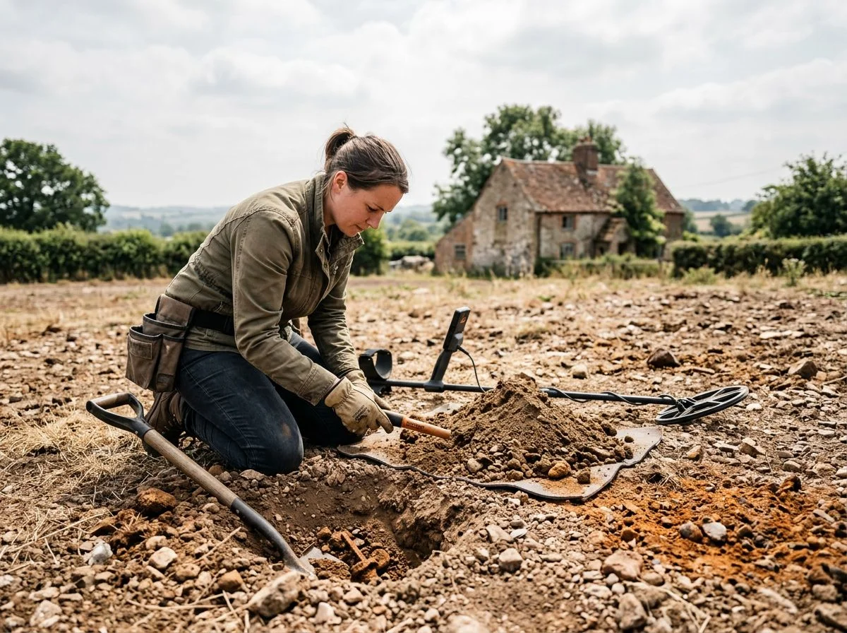 Detectorist kneeling by a fresh dig hole in mineralized soil, using a pinpointer to check the dirt pile for hot rocks