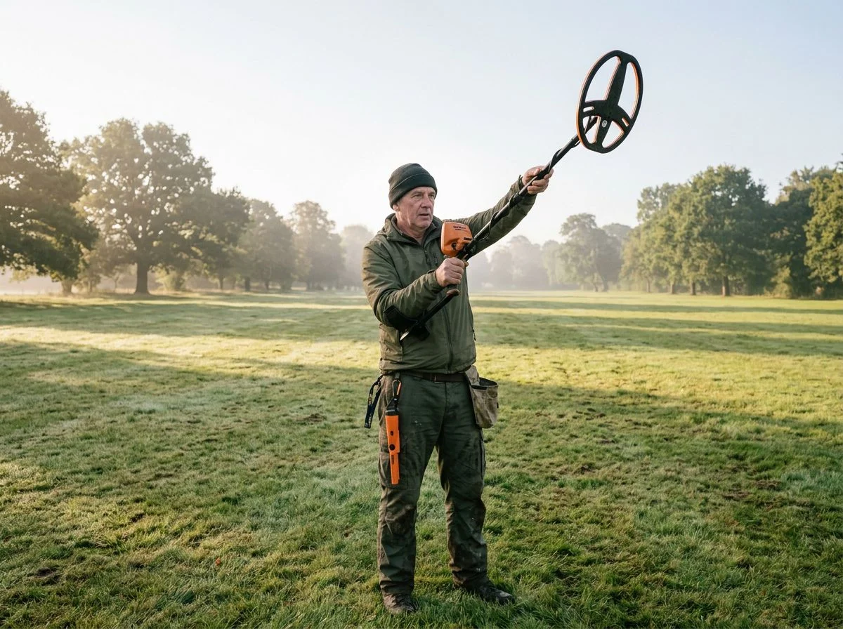 Detectorist holding his detector coil high and away from the pinpointer at his waist in a morning park field