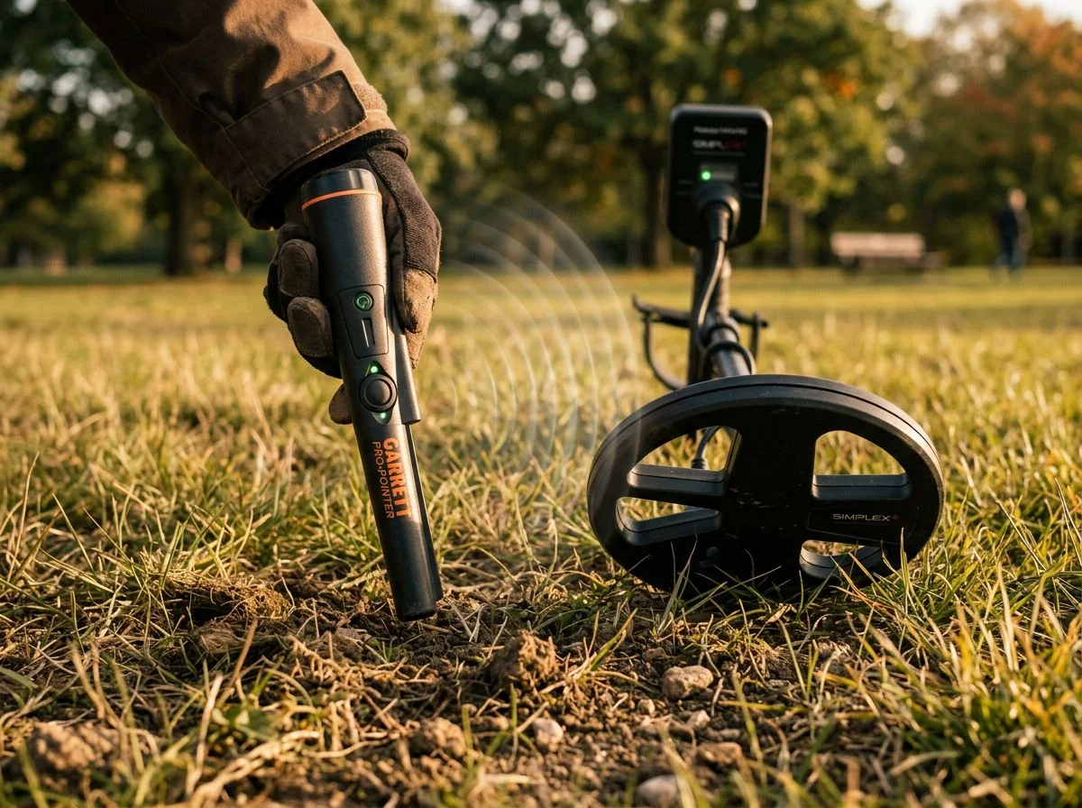 Metal detecting pinpointer held near a detector coil with faint interference waves illustrated between them