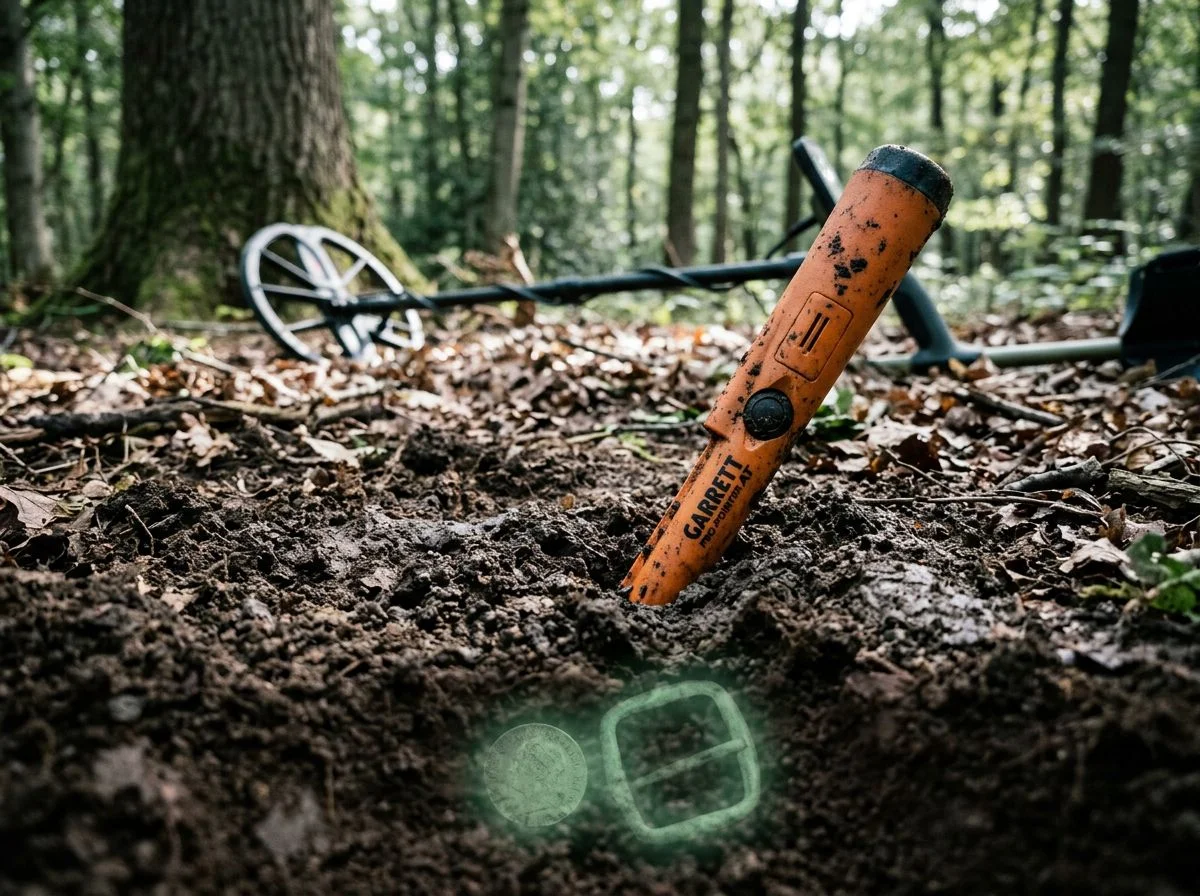 Pinpointer tip in a small hole in dark soil with a faint ghostly outline of a deeper target below