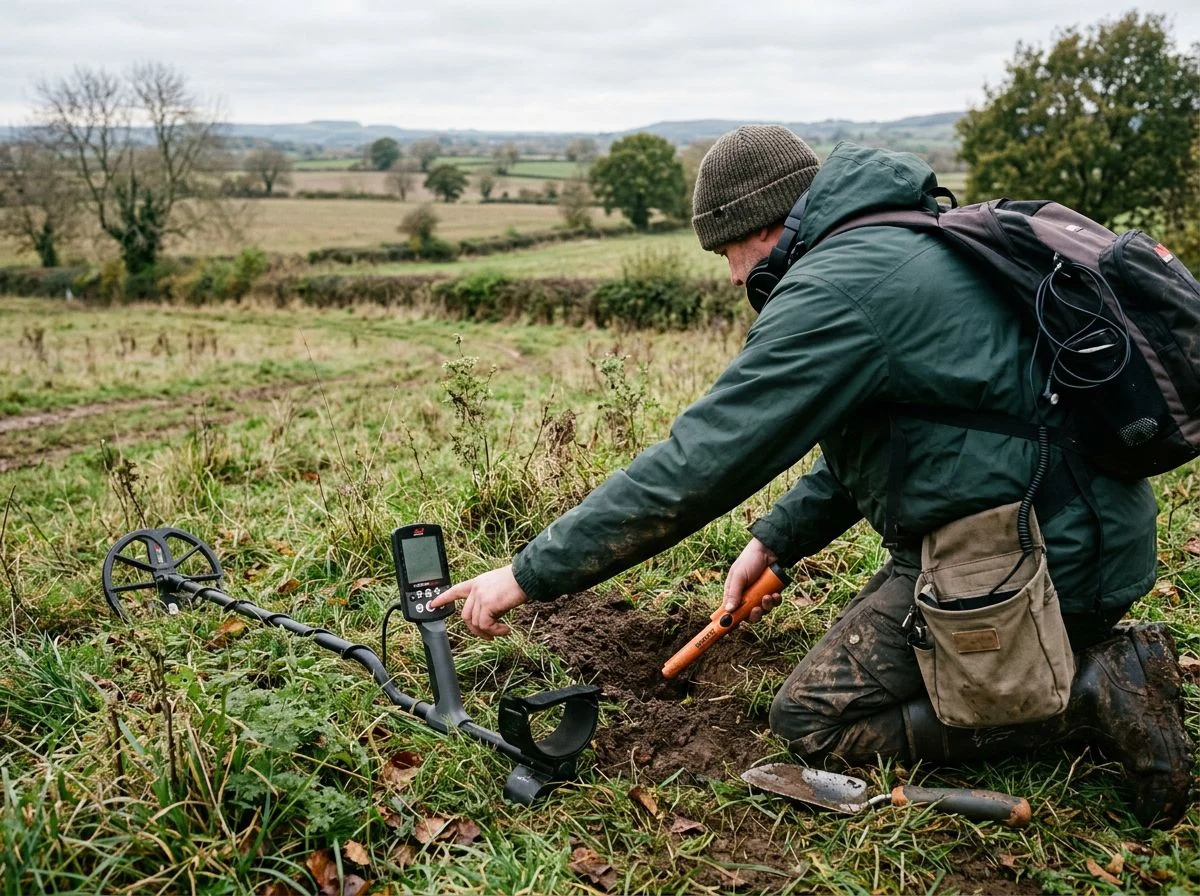 Detectorist kneeling in a field turning off his metal detector while using a pinpointer in a hole